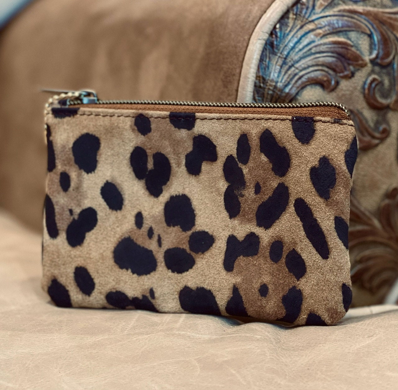 Leopard print nubuck leather zipper Purse, unlined