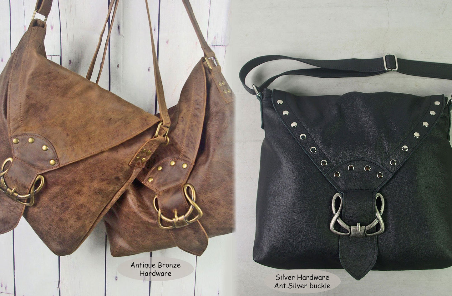 Black Celtic leather Crossbody bag with rivets