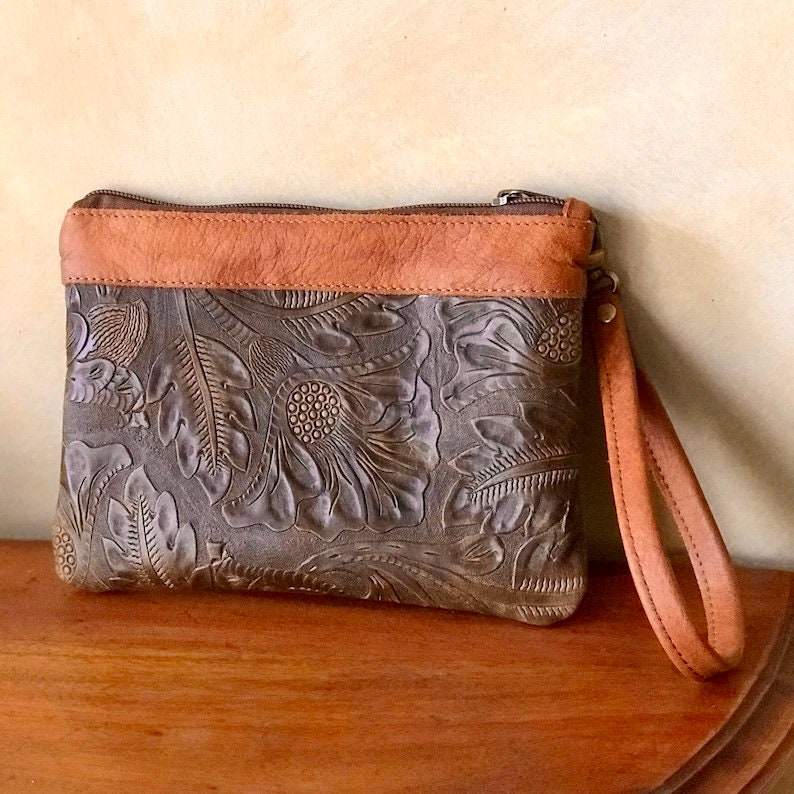Tooled Leather Wristlet, Australian western floral embossed clutch