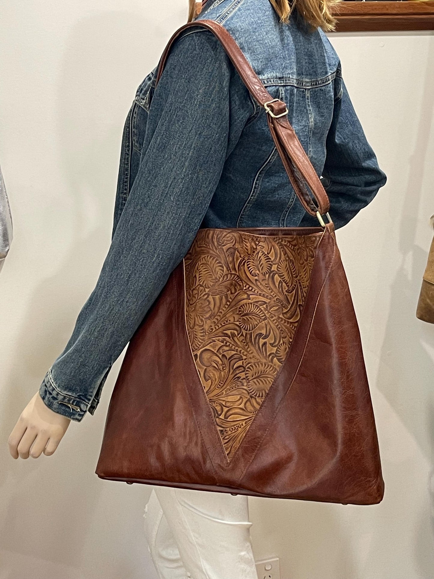 Brown tooled leather Hobo bag, Premium Leather, flower and leaf design IN STOCK