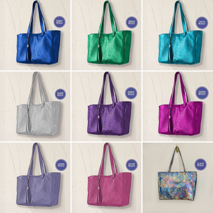 Choose colour wide Metallic Leather Tote, free zipper purse