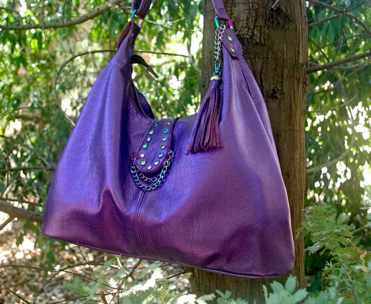 Metallic Purple Italian Hobo Shoulder Bag with Rainbow hardware