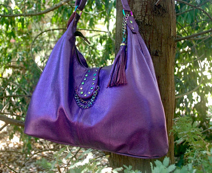 Metallic Purple Italian Hobo Shoulder Bag with Rainbow hardware
