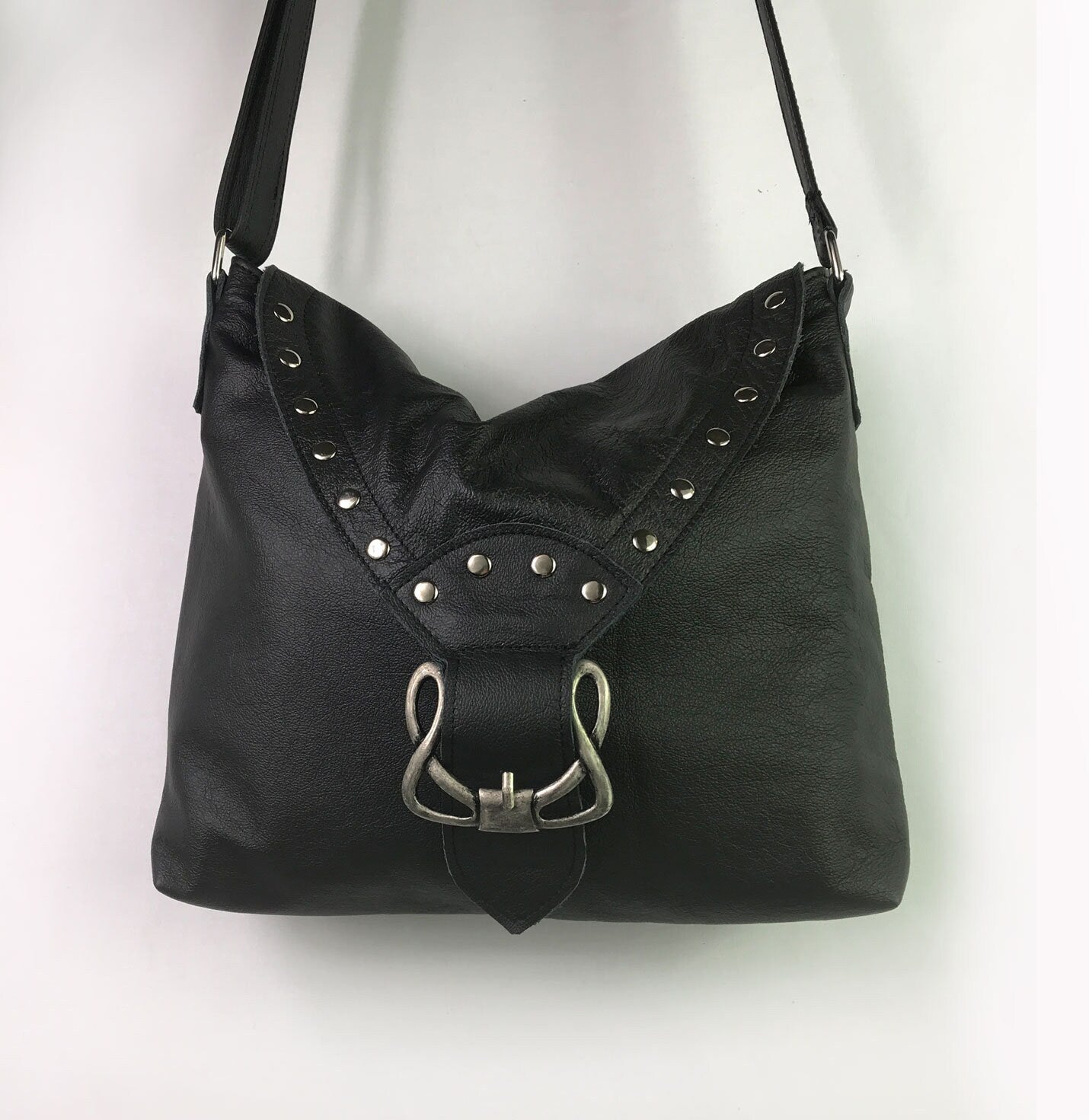 Black Celtic leather Crossbody bag with rivets