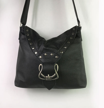 Black Celtic leather Crossbody bag with rivets