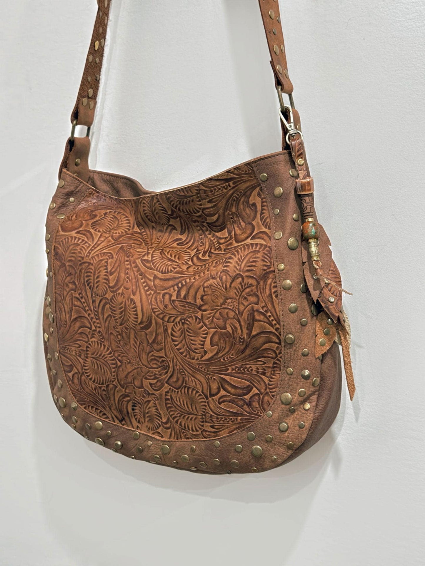 Studded Tooled brown Leather Hobo crossbody or shoulder Bag, 1 IN STOCK