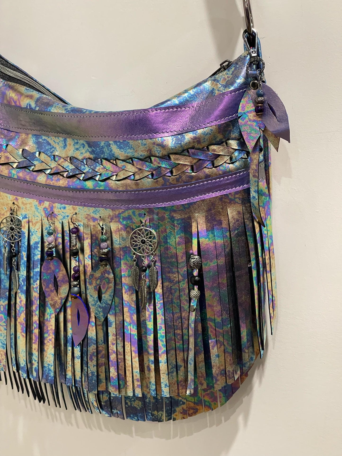 Oil slick Metallic Leather Fringe hobo bag