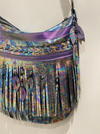 Oil slick Metallic Leather Fringe hobo bag