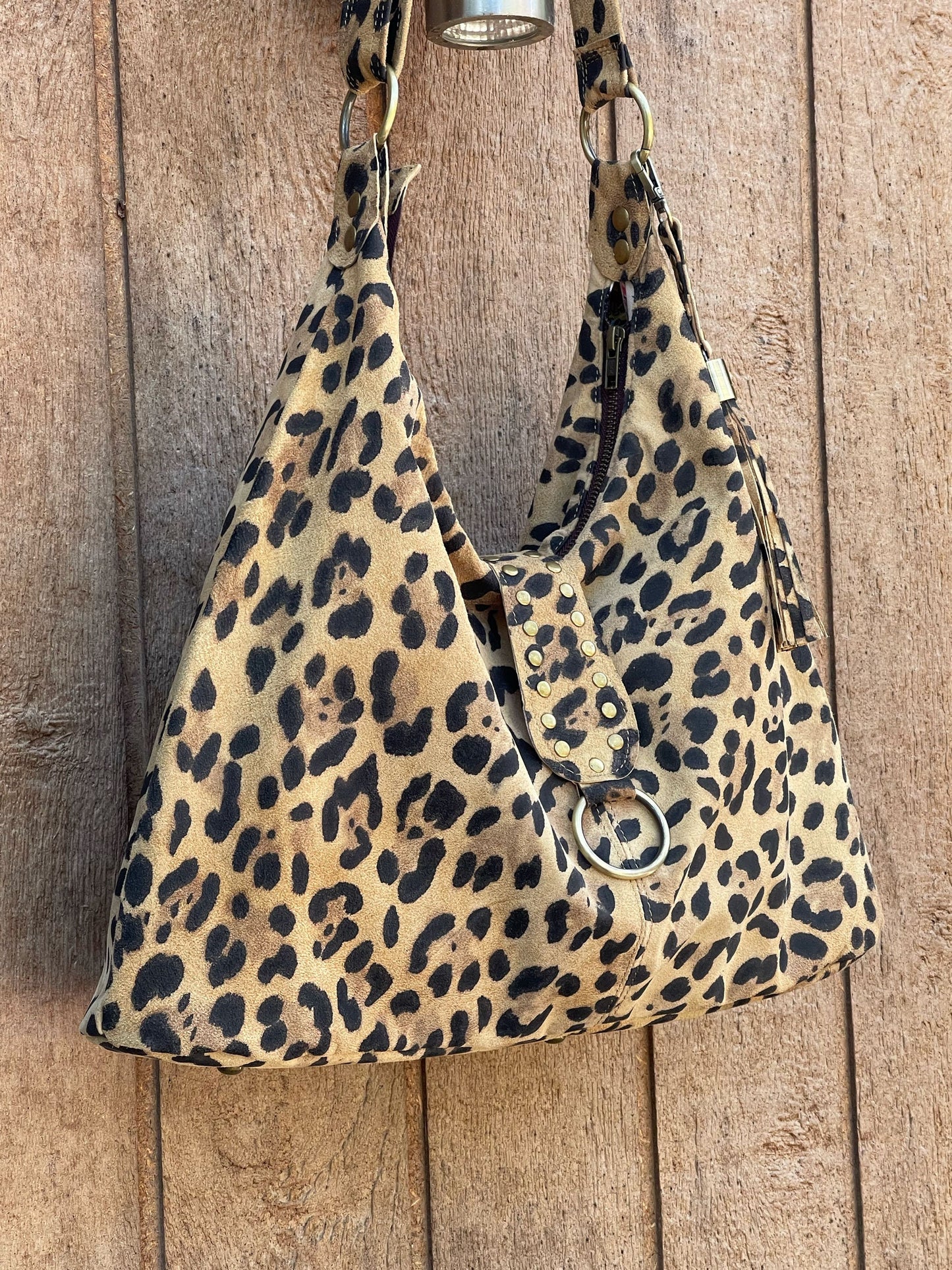 Leopard Print Leather Italian Hobo Bag, Suede surface