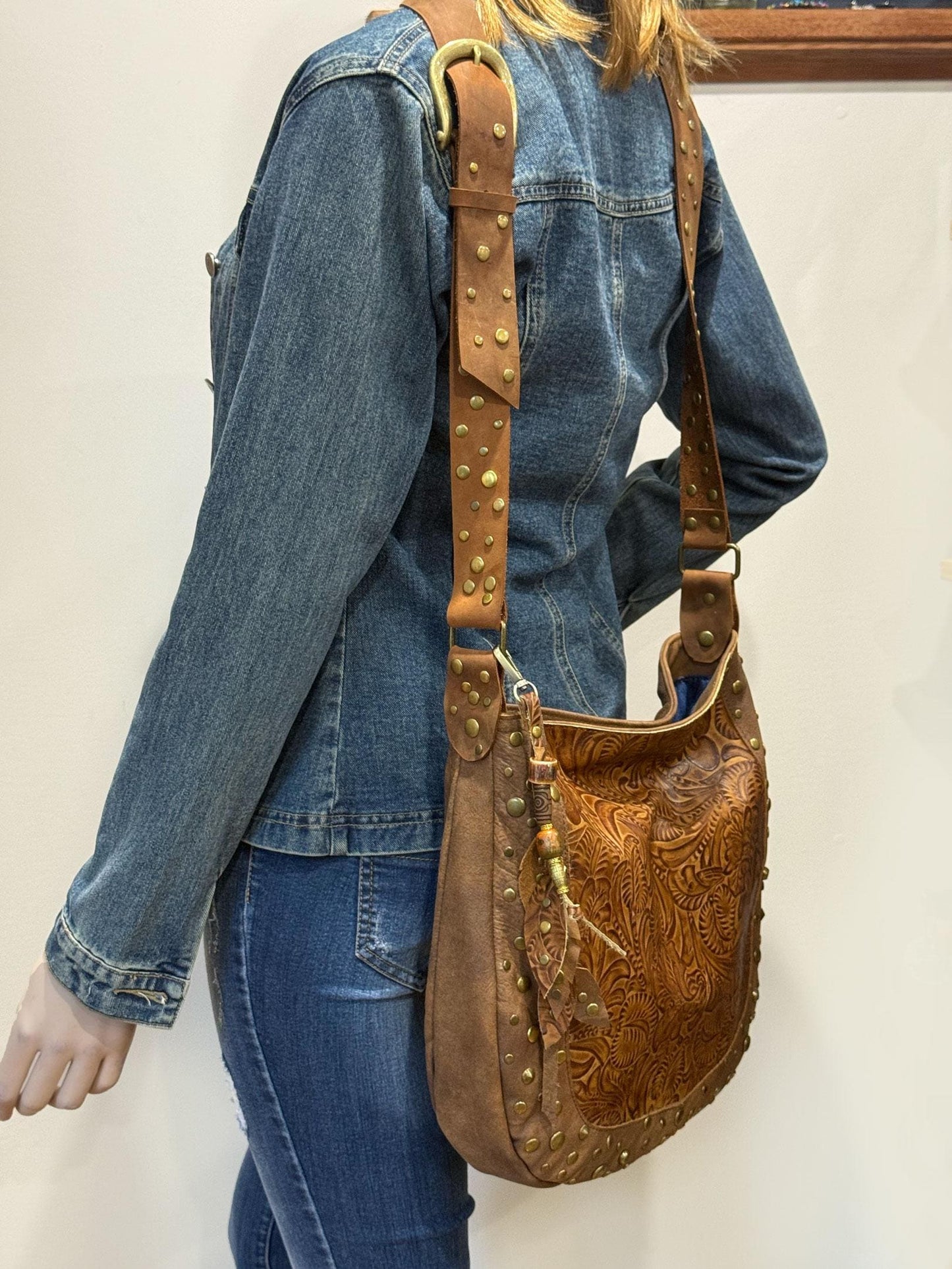 Studded Tooled brown Leather Hobo crossbody or shoulder Bag, 1 IN STOCK