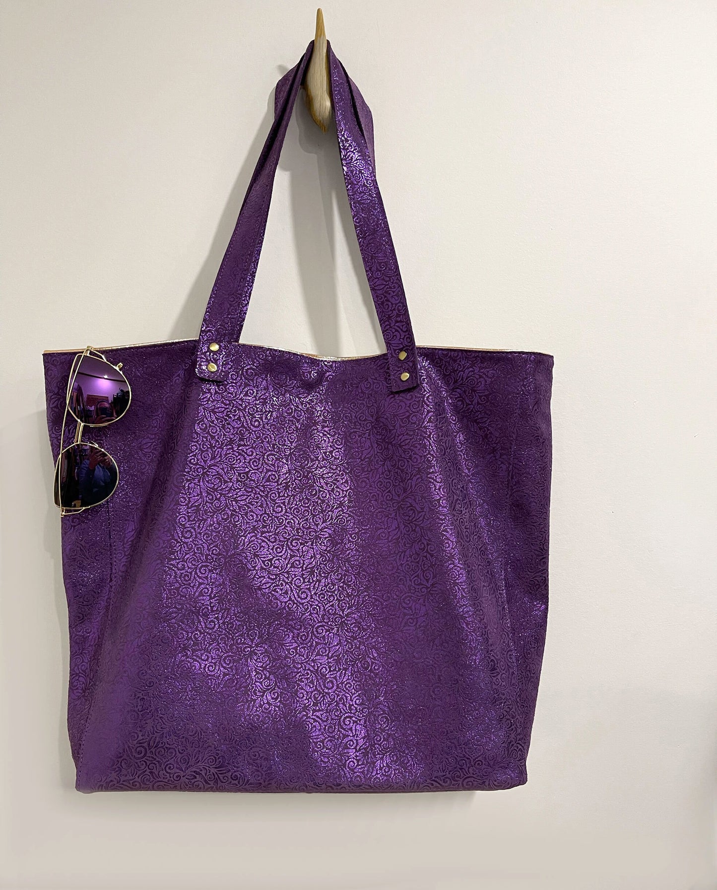 Metallic purple Tote, soft Florentine Italian print metallic leather, free zipper purse