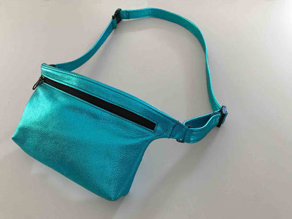 Metallic turquoise Leather waist bag, Soft pebble leather