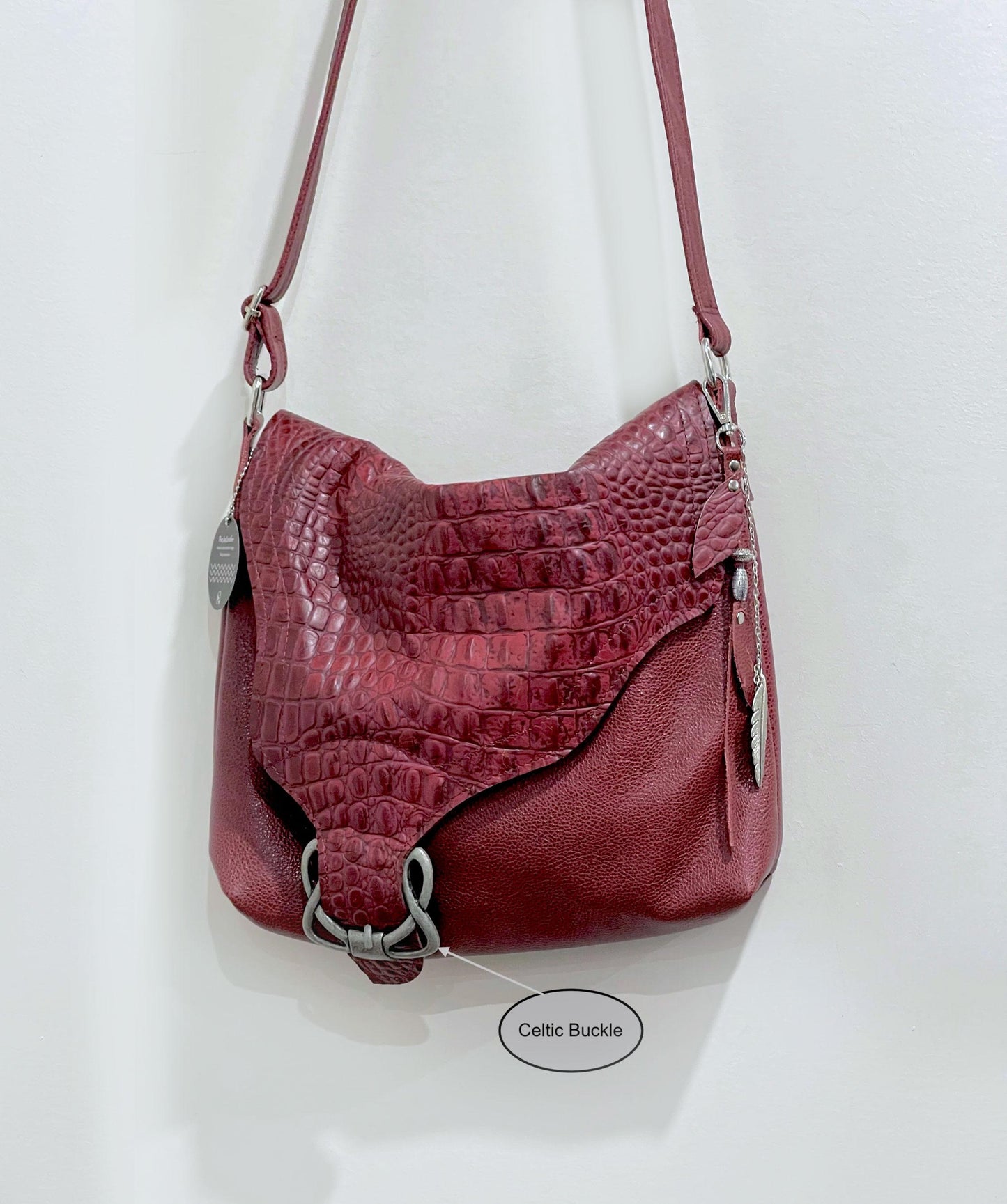 Red Croco Embossed leather Crossbody bag, Italian tooled leather, deep red