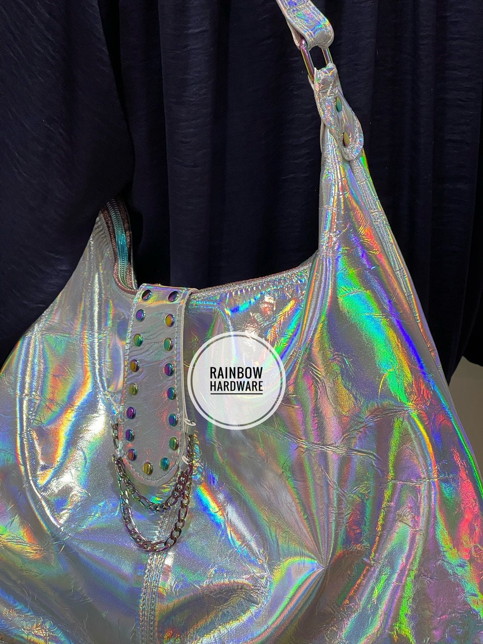 Holographic Leather Hobo, iridescent silver Italian premium leather