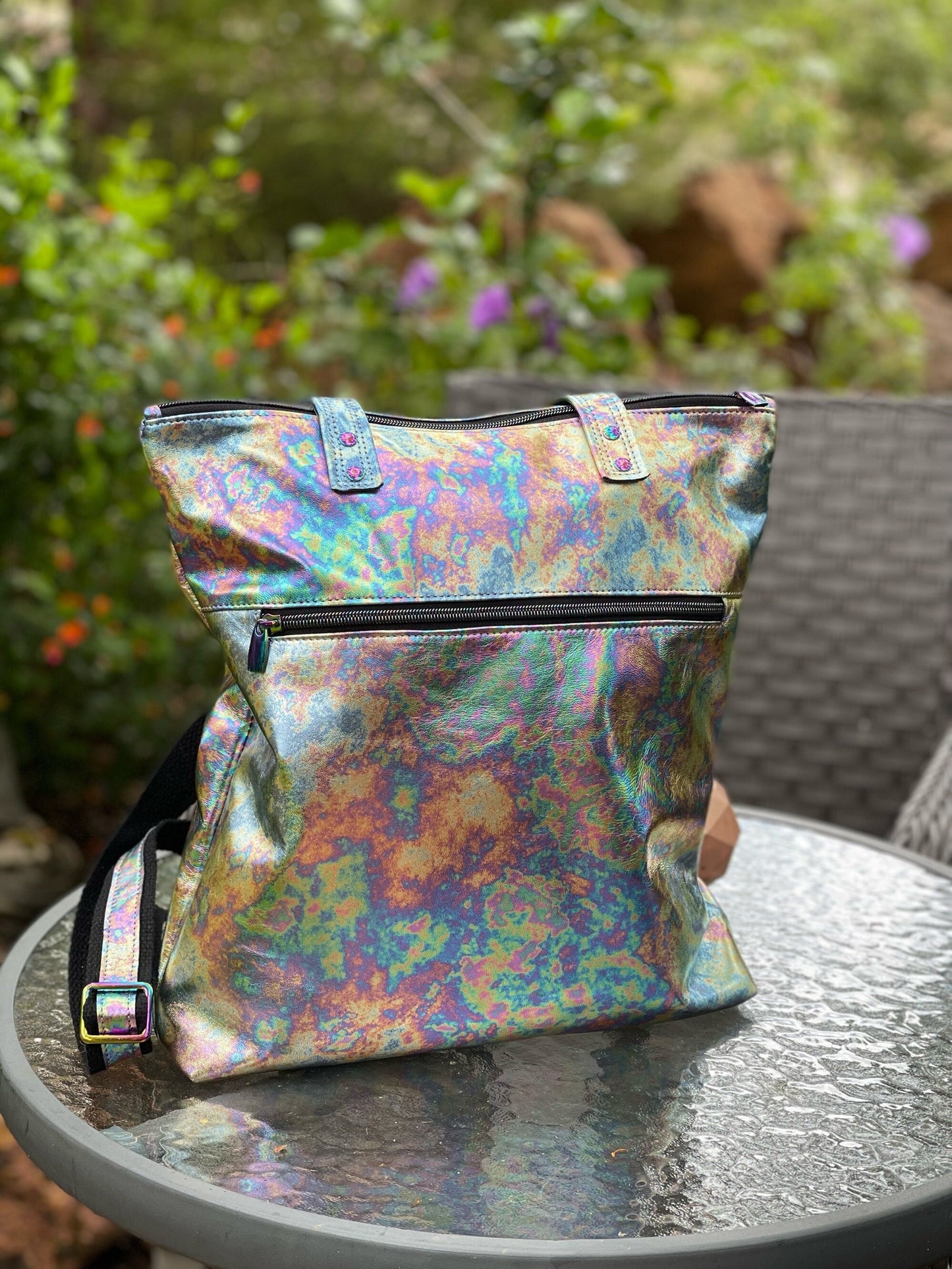 Metallic Oil Slick leather backpack and tote, FREE purse