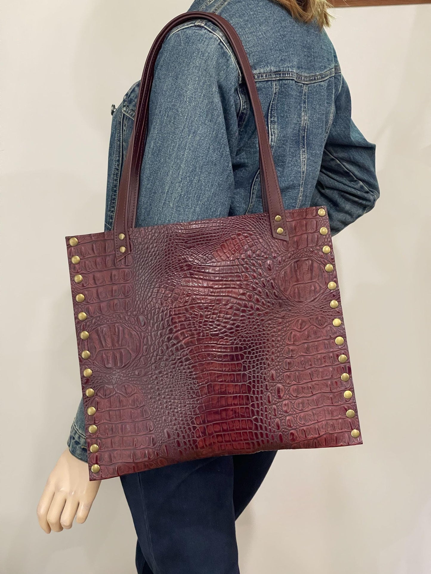 Tooled Embossed studded Burgundy Croco Leather Tote