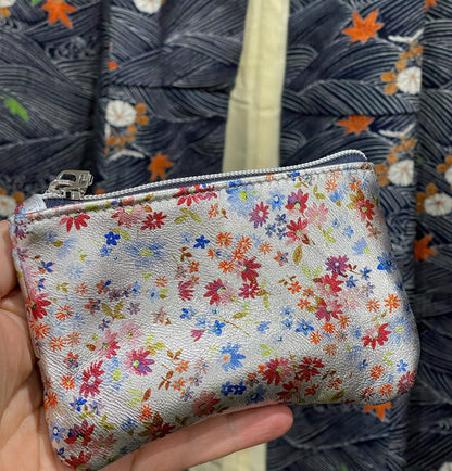 Metallic ditsy floral coin purse, small print on silver leather gift idea