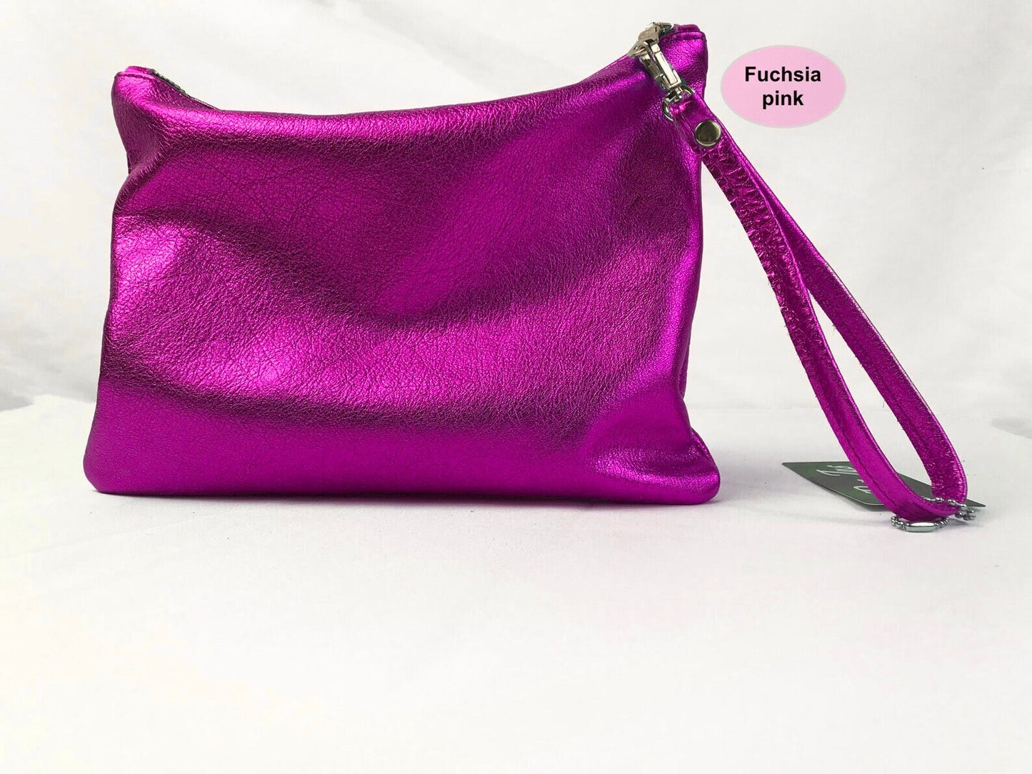 Hot pink or fuchsia metallic leather wristlet or crossbody Bag