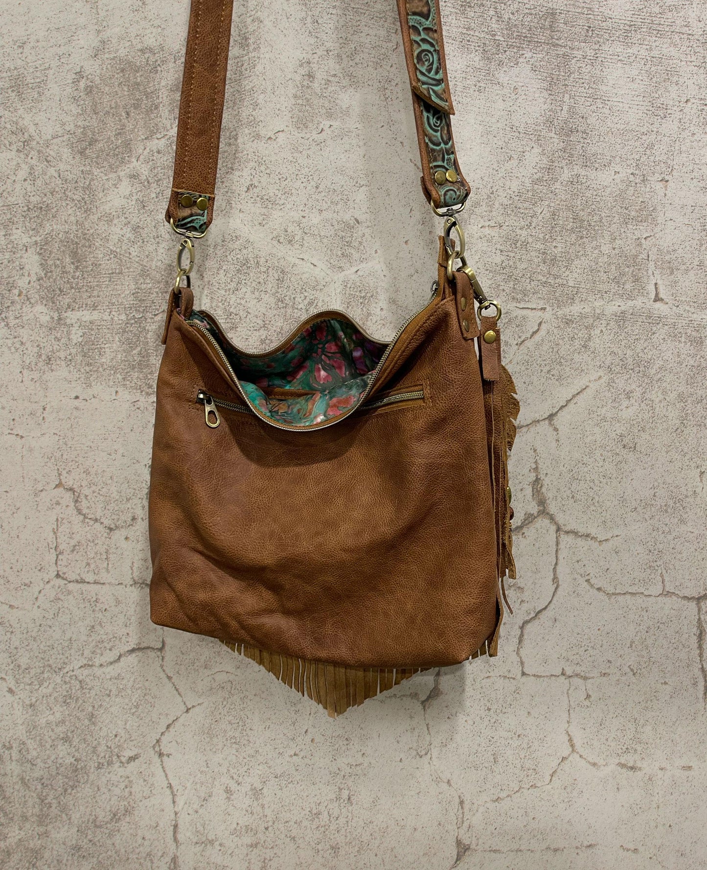Tooled turquoise and brown Leather Fringe Bag