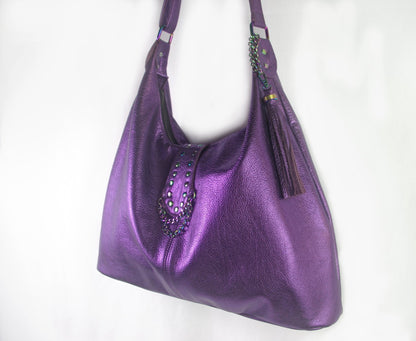 Metallic Purple Italian Hobo Shoulder Bag with Rainbow hardware
