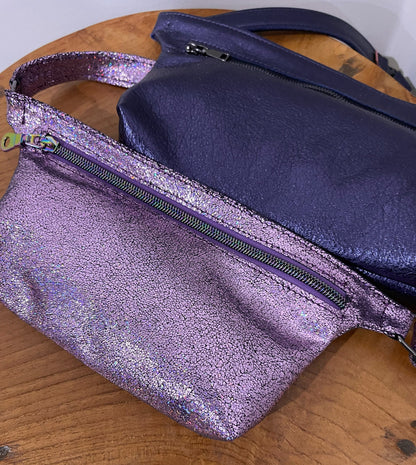 Metallic iridescent pink leather bum bag, Leather fanny pack