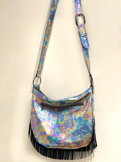 Oil slick Metallic Leather Fringe hobo bag