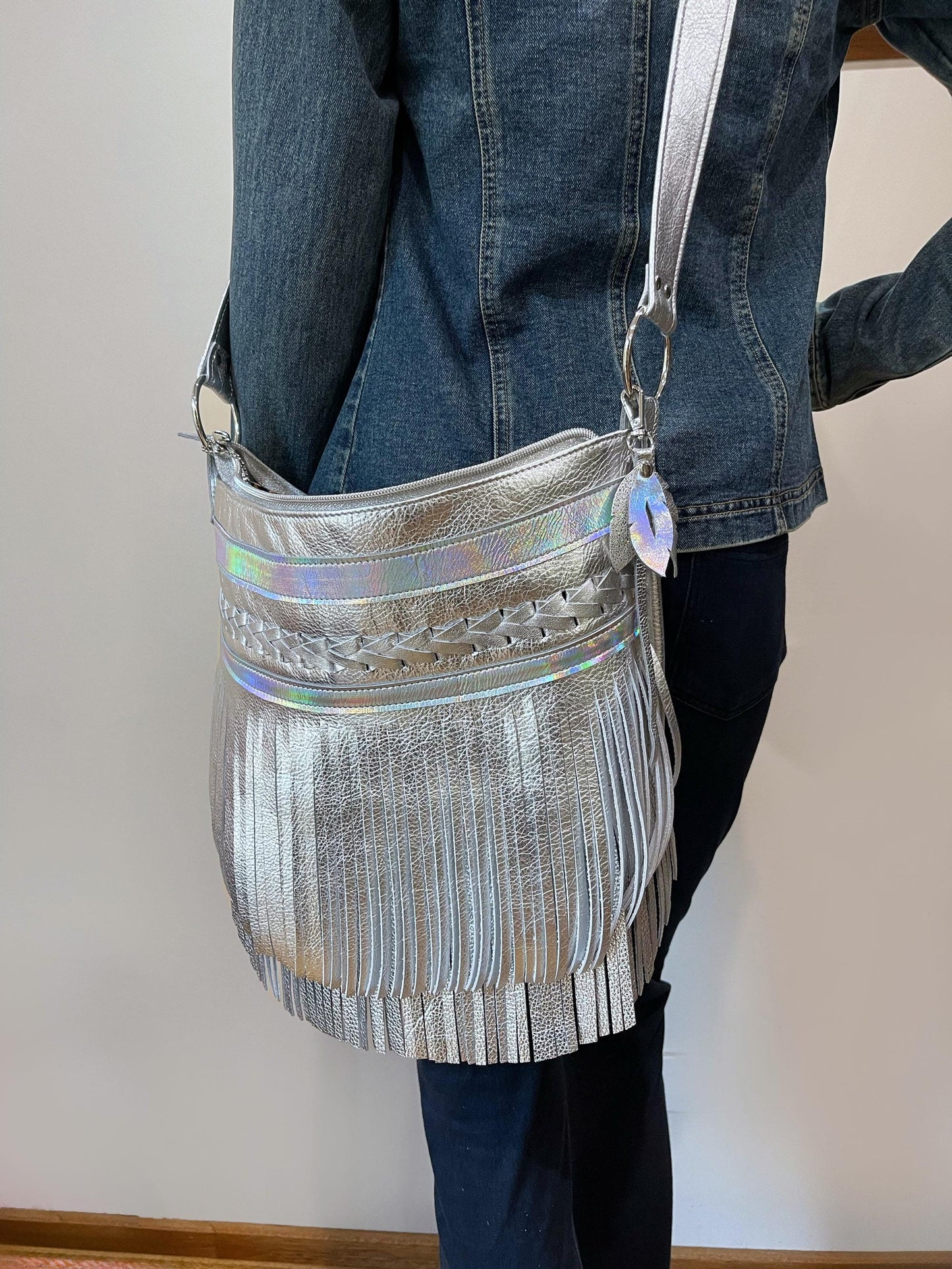 Metallic silver Leather Fringe Bag, beaded boho braided leather