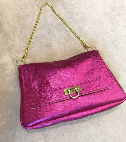 Hot Pink Metallic Leather crossbody with turn clasp close