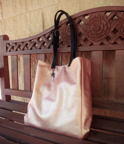 Metallic Peach Rose Gold Leather Tote, free zip purse