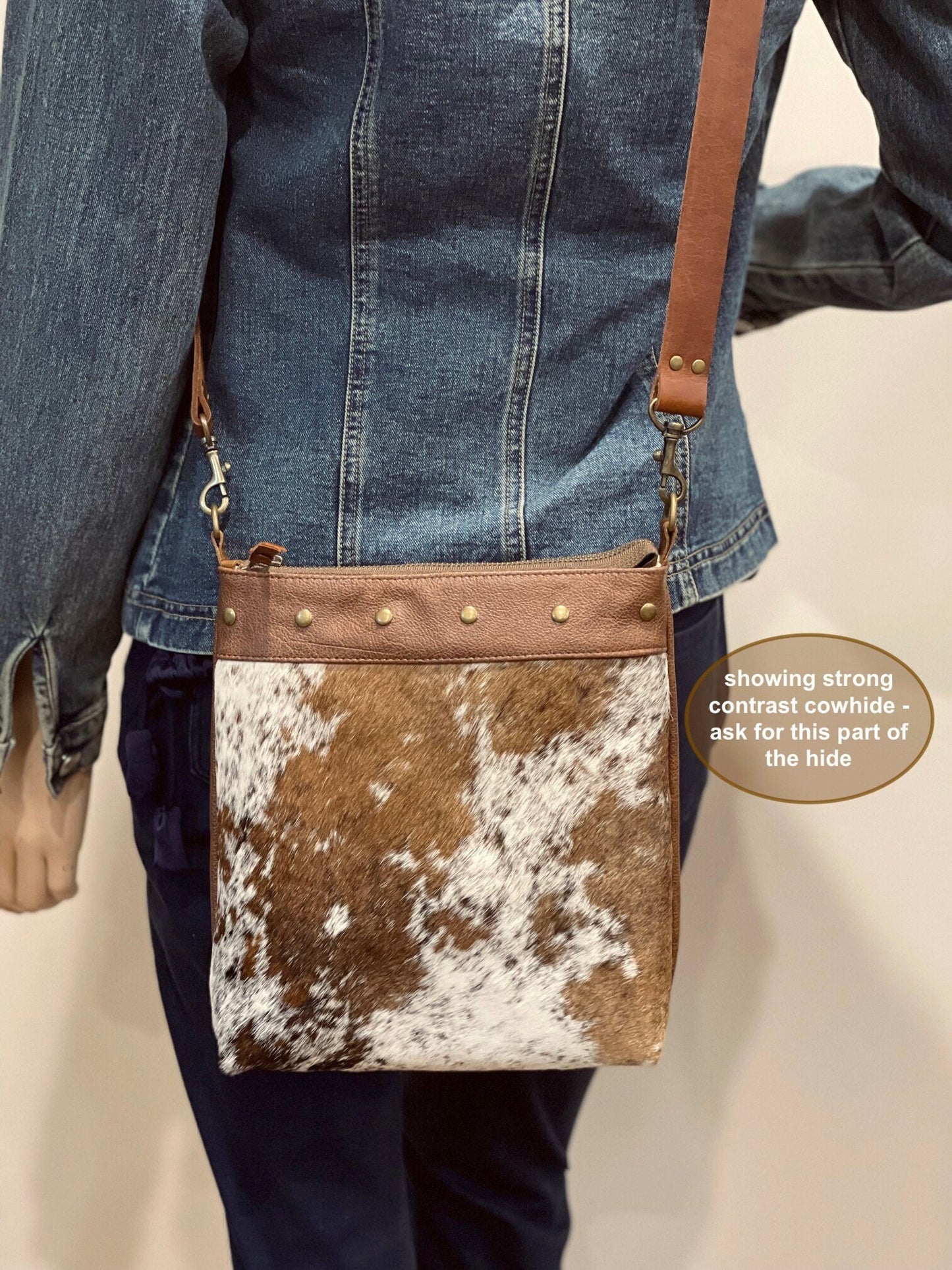 Crossbody Cowhide Leather, vintage brown and short hair cowhide