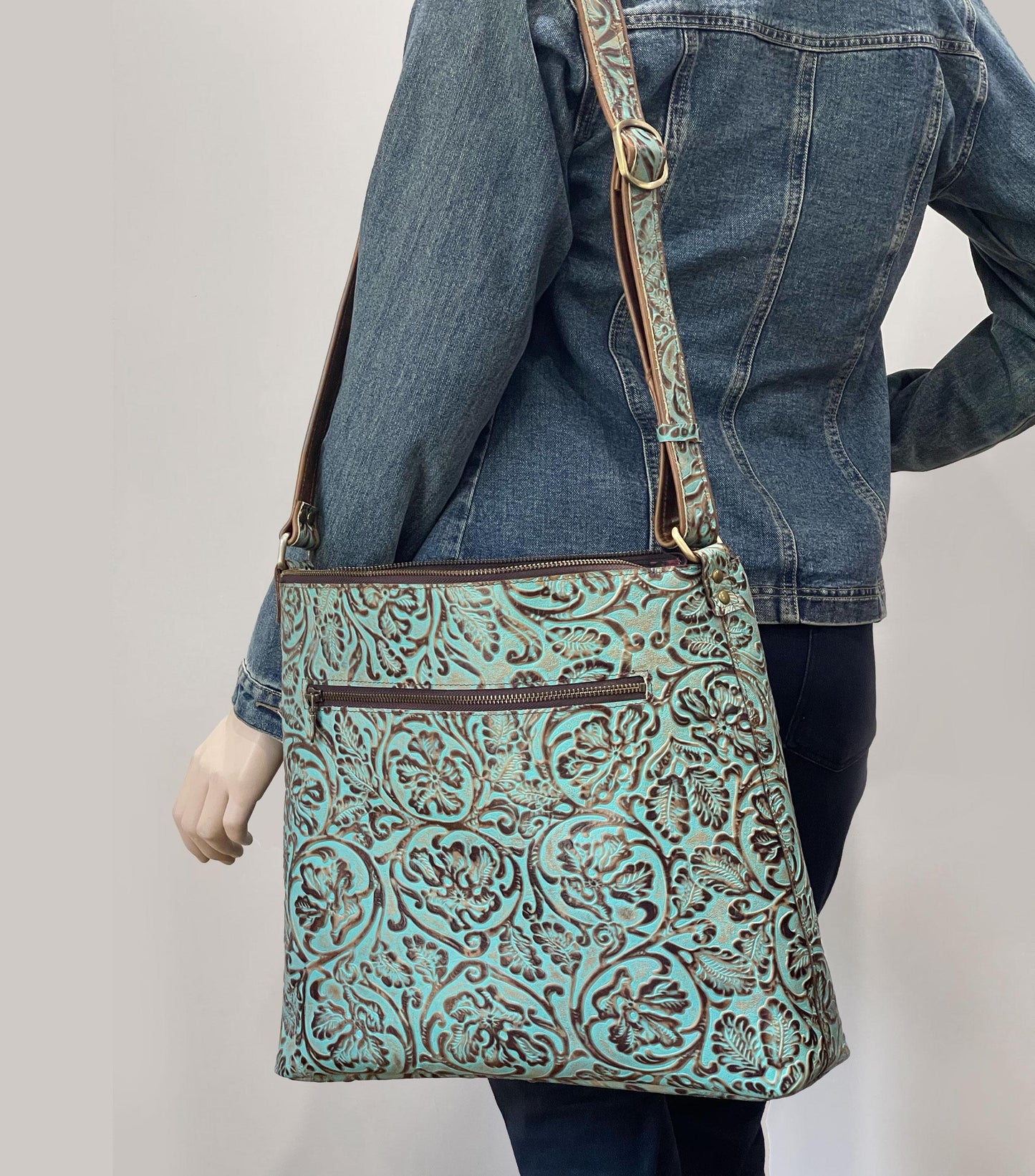 Tooled Turquoise Leather Crossbody Bag, Embossed
