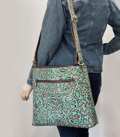 Tooled Turquoise Leather Crossbody Bag, Embossed