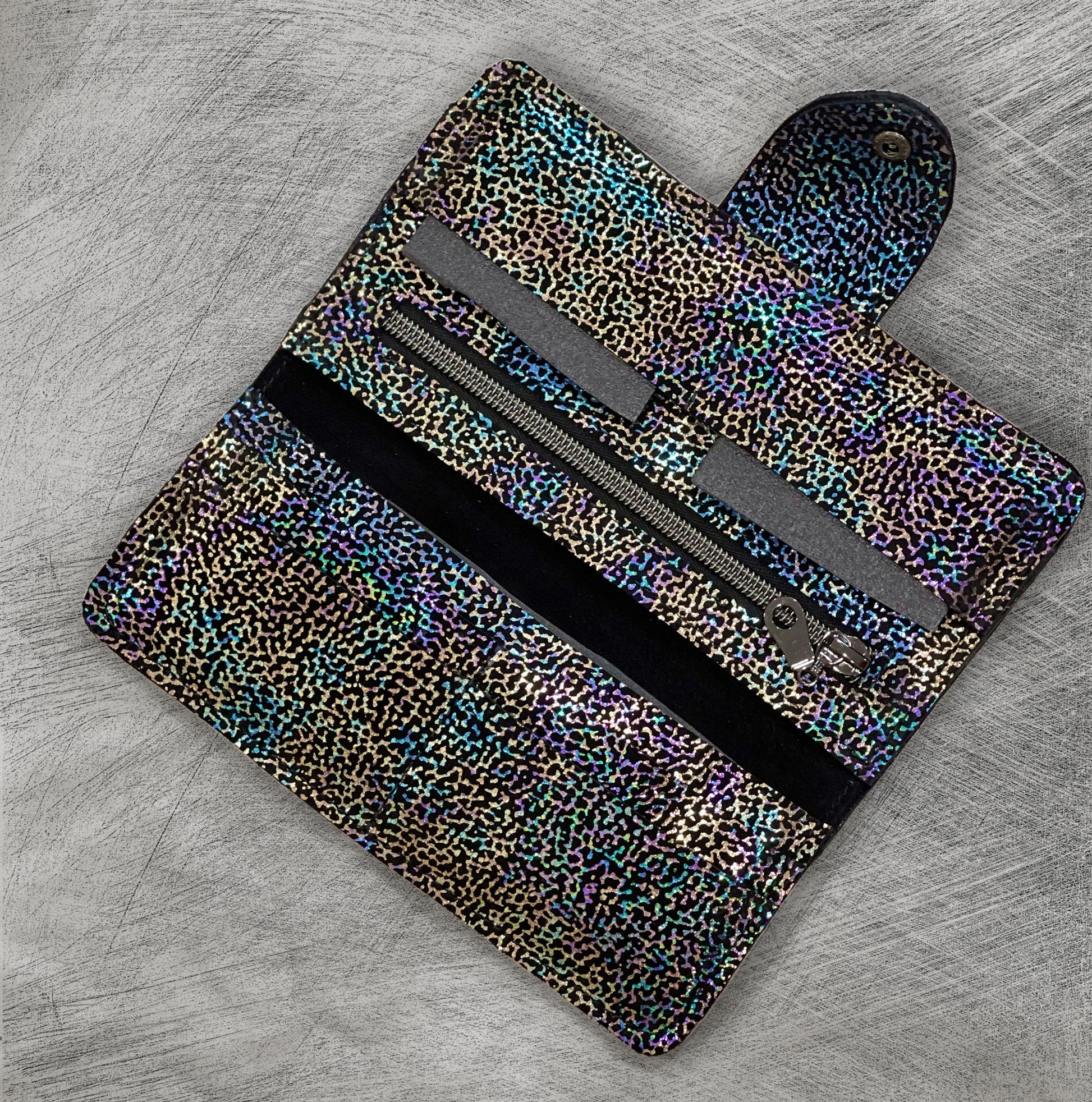 metallic rainbow coral pattern wallet with zipper pocket and phone pocket