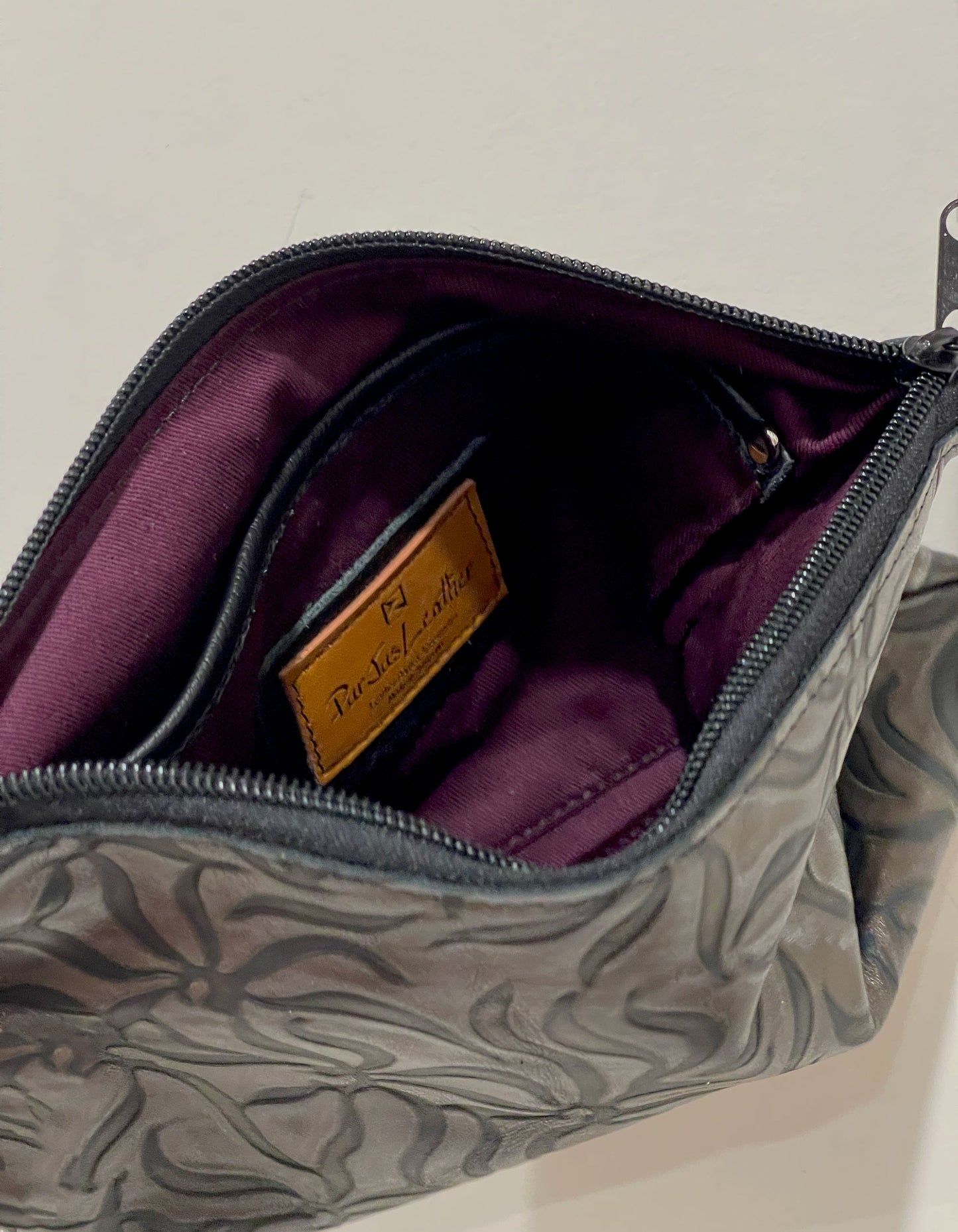 Deep red tooled floral leather wristlet or crossbody, floral embossed