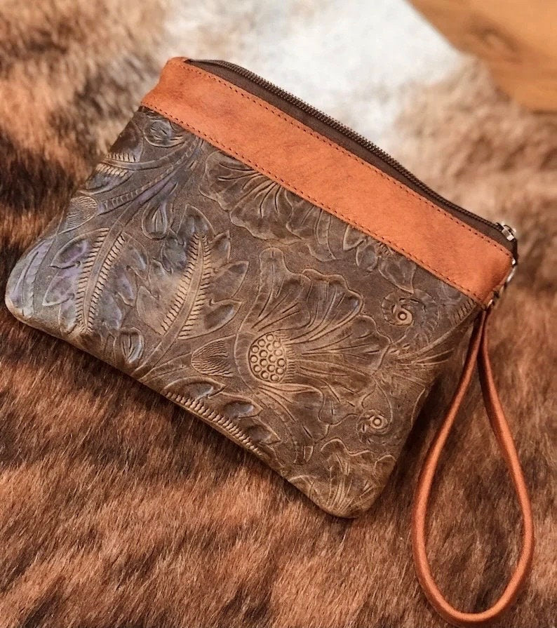 Tooled Leather Wristlet, Australian western floral embossed clutch