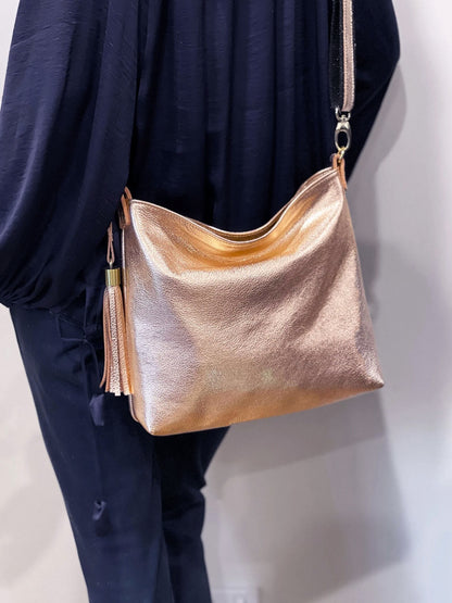 Rose Gold metallic crossbody bag, peach metallic leather