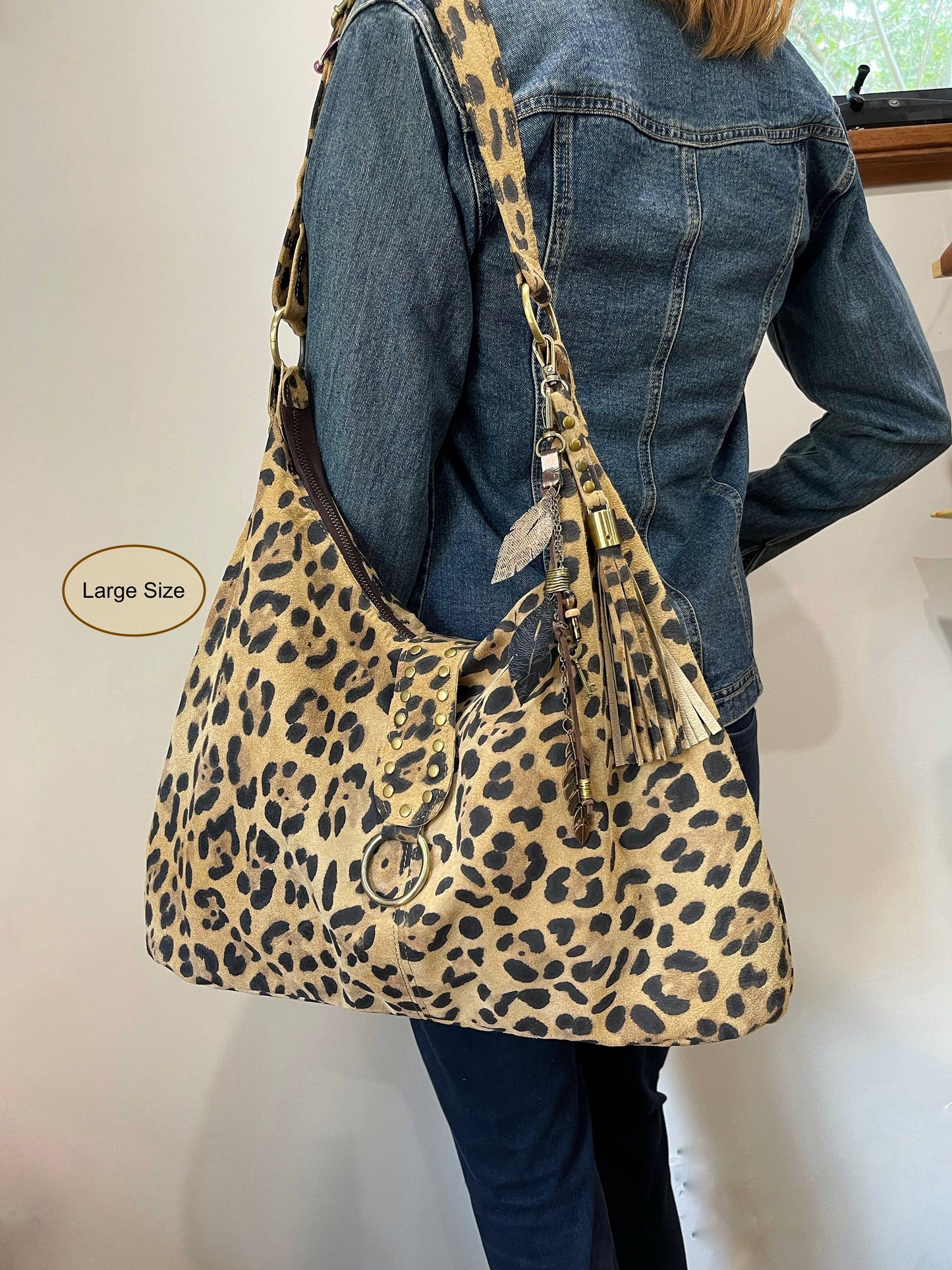 Leopard Print Leather Italian Hobo Bag, Suede surface