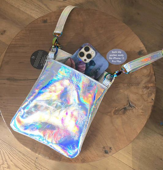 Holographic phone purse with detachable adjustable strap and outer phone pocket