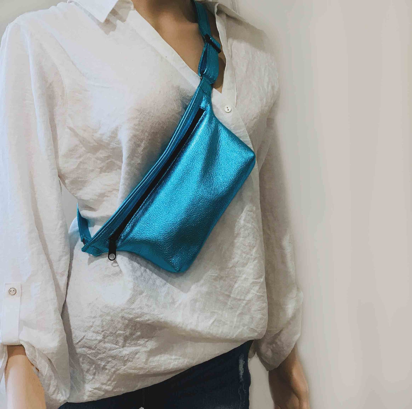 Metallic turquoise Leather waist bag, Soft pebble leather