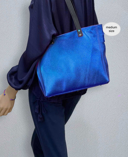 Metallic Cobalt Leather Tote, Soft relaxed luxury metallic leather, free leather purse, electric blue