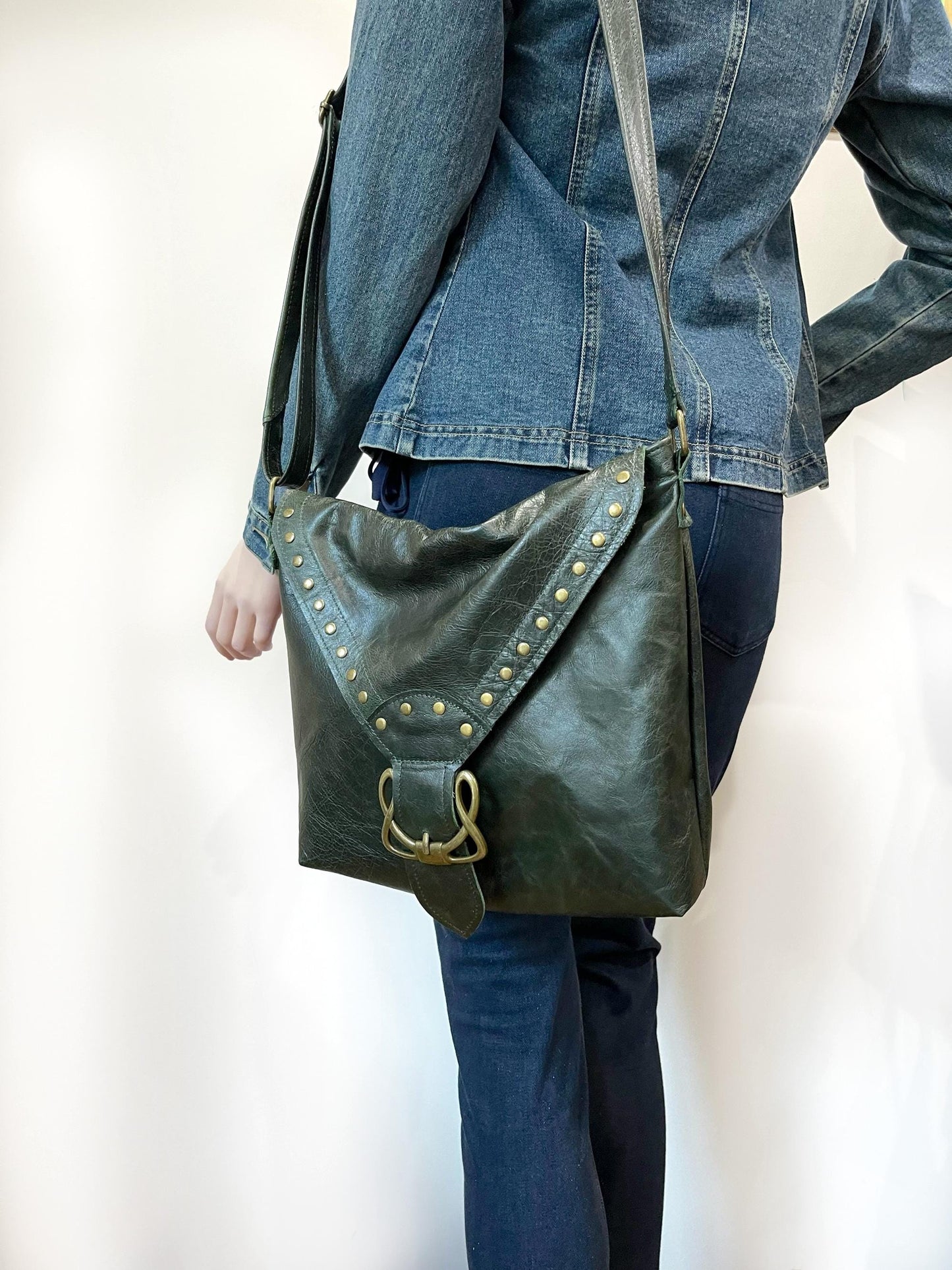 Deep green Celtic leather Crossbody bag with rivets