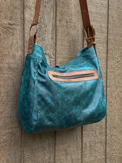 Distressed dark teal Leather Crossbody Bag