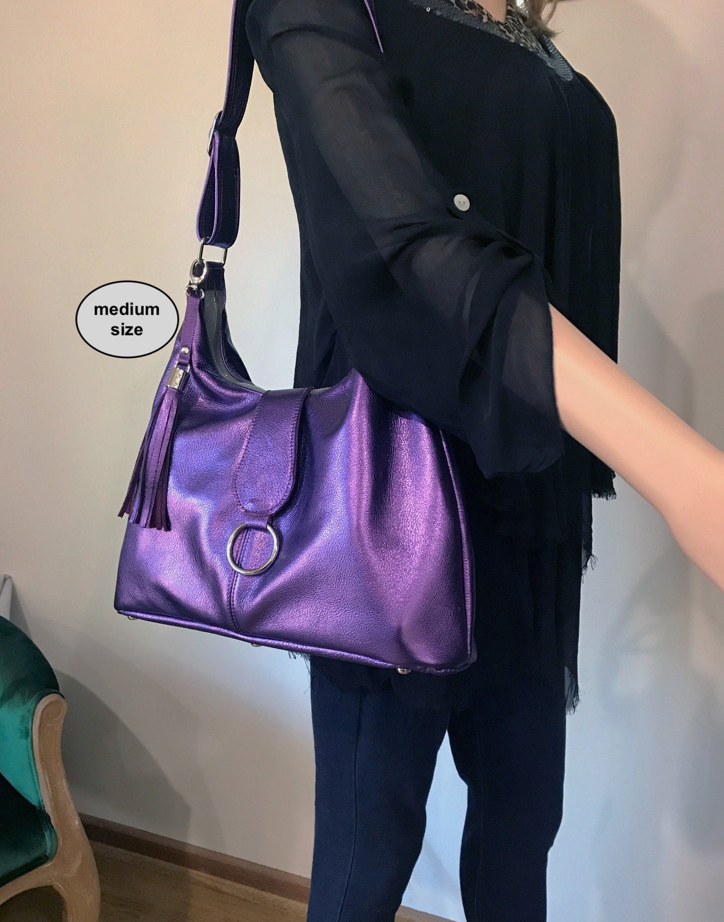 Metallic Purple Italian Hobo, soft premium leather