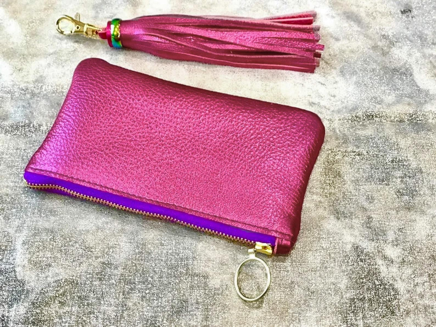 Pink Metallic Gift Set or leather purse, tassel, leather gift idea