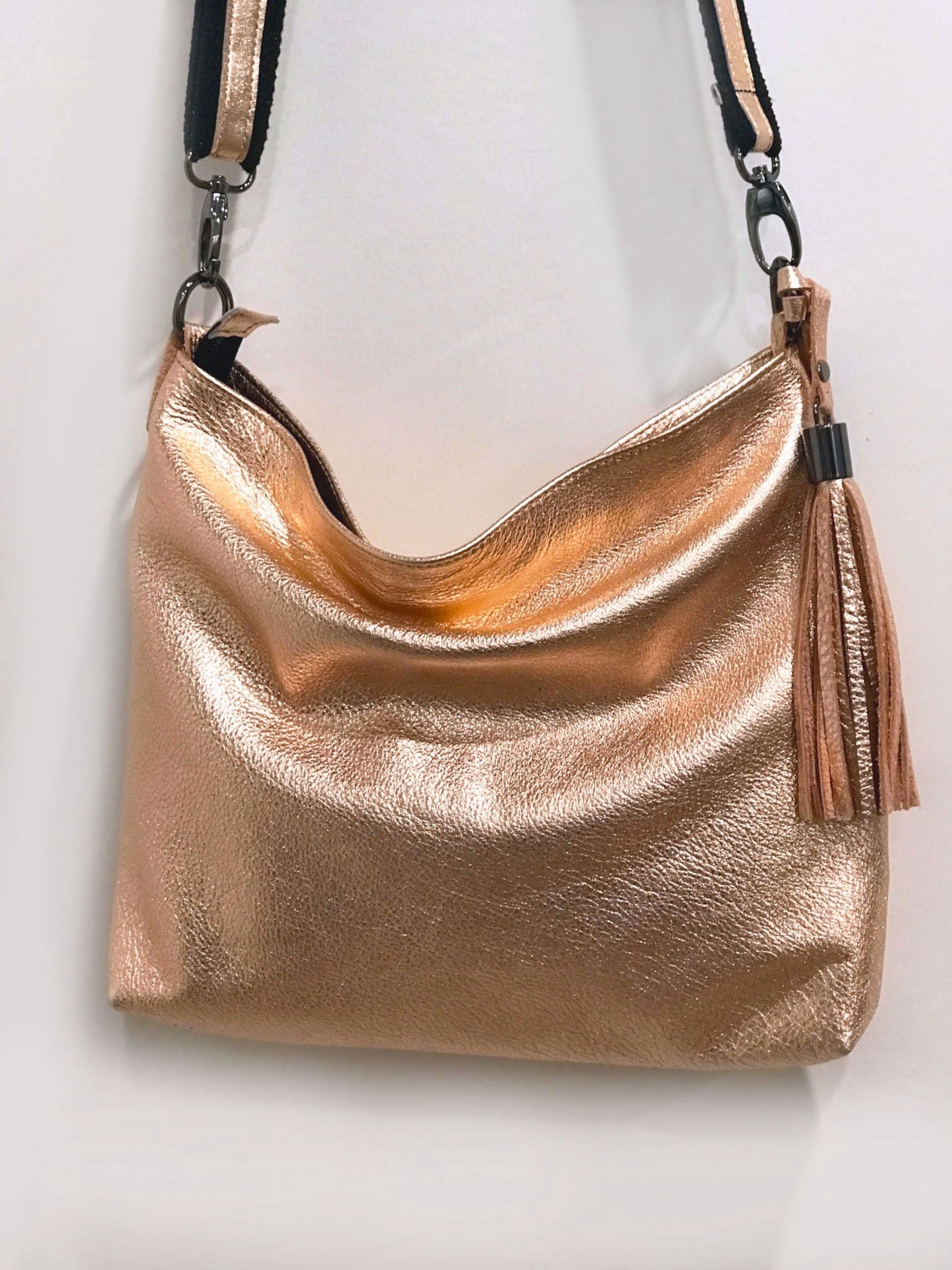 Rose Gold metallic crossbody bag, peach metallic leather