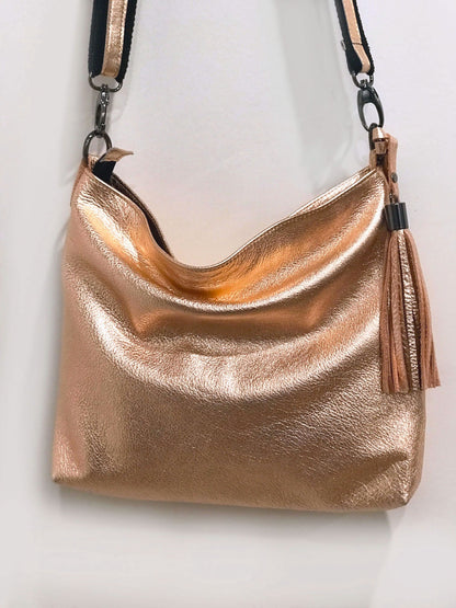 Rose Gold metallic crossbody bag, peach metallic leather