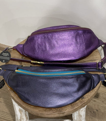 Large Metallic Purple Leather bum bag, soft leather travel bag
