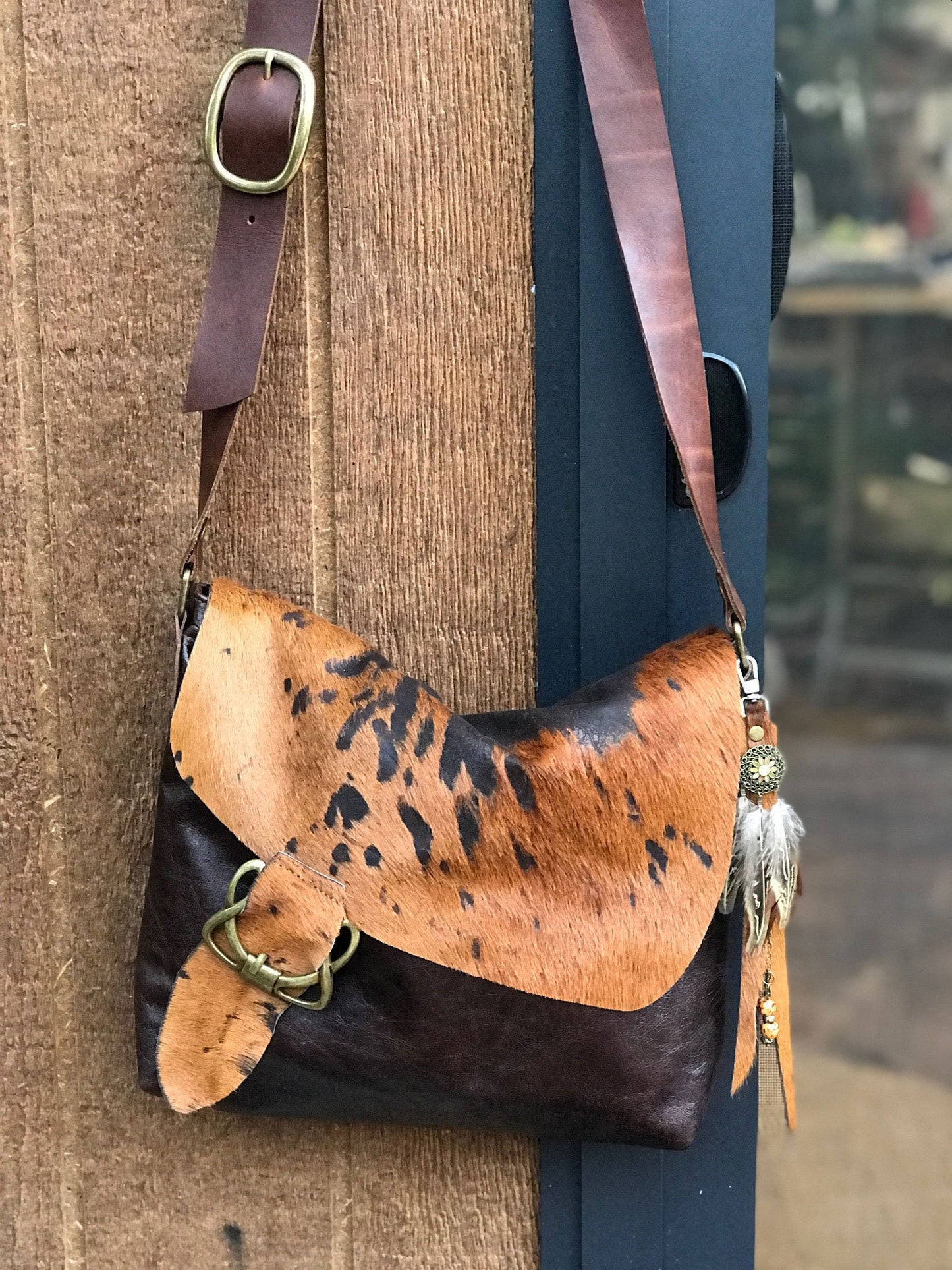Cowhide Celtic Leather Crossbody, wide strap, OOAK cowhide