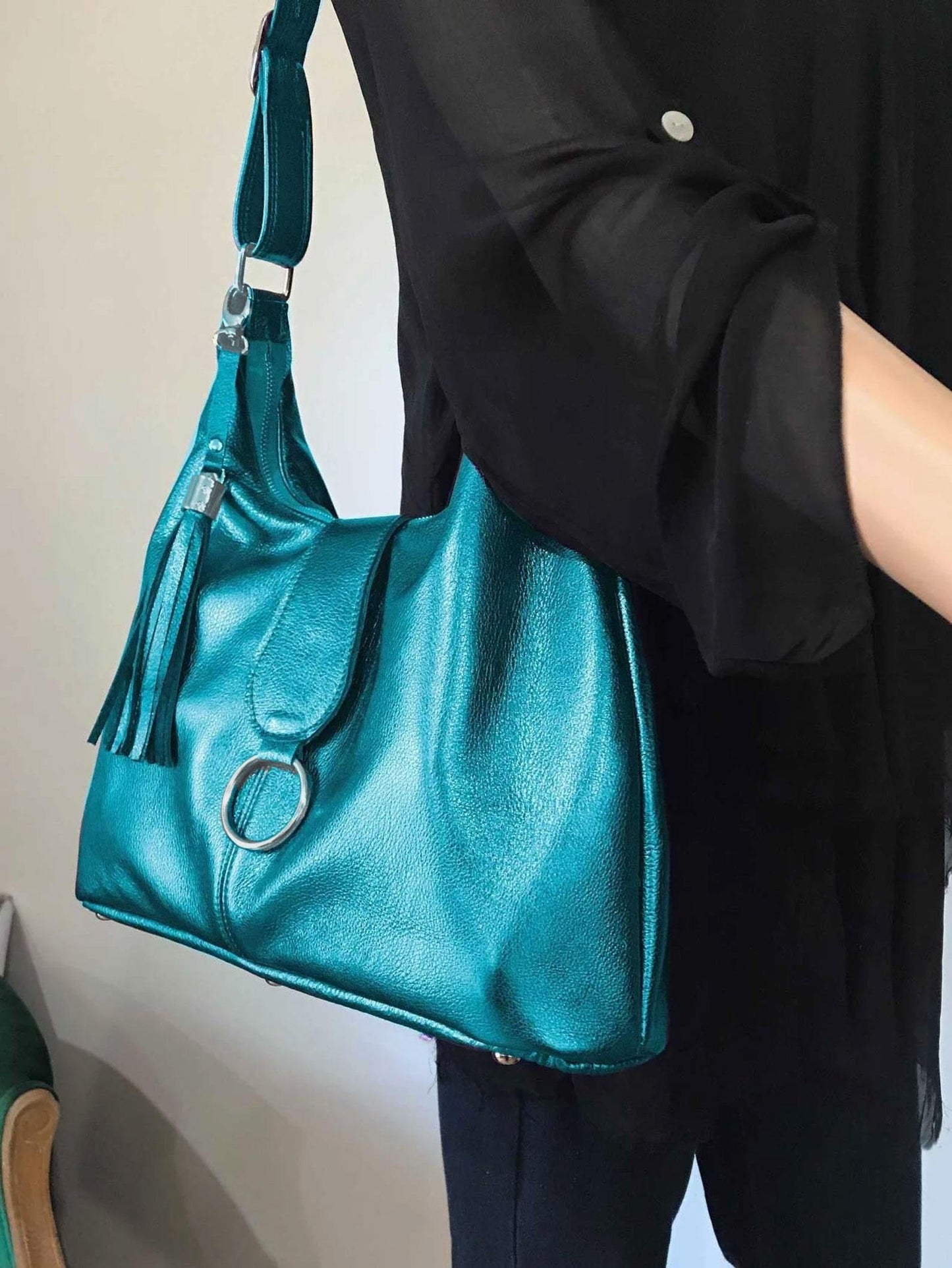 Womens metallic turquoise Italian Hobo Shoulder Bag