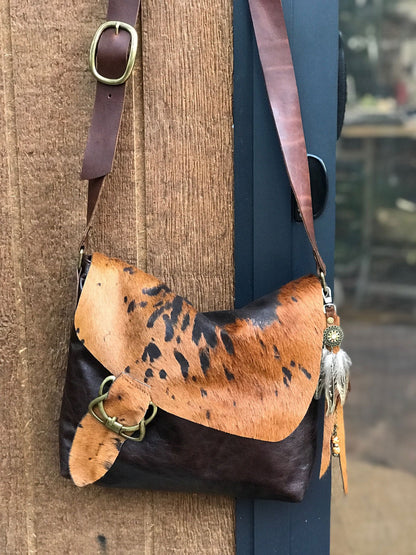 Cowhide Celtic Leather Crossbody, wide strap, vintage brown leather, OOAK IN STOCK